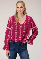 Roper Womens Long Sleeve Wine Aztec Print Peasan Blouse - Roper