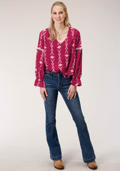 Roper Womens Long Sleeve Wine Aztec Print Peasan Blouse - Flyclothing LLC