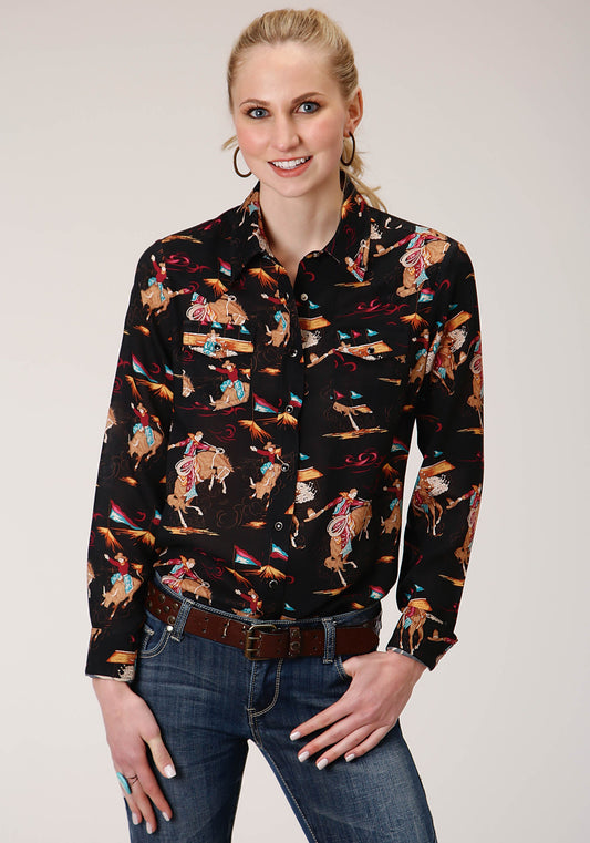 Roper Womens Long Sleeve Snap Retro Rodeo Print Western Shirt Western Shirt - Roper