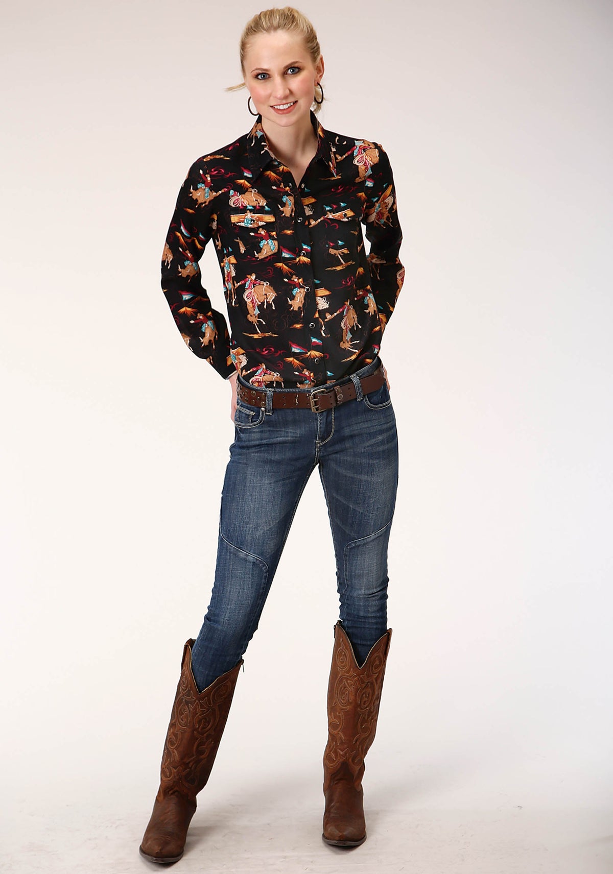 Roper Womens Long Sleeve Snap Retro Rodeo Print Western Shirt Western Shirt - Flyclothing LLC