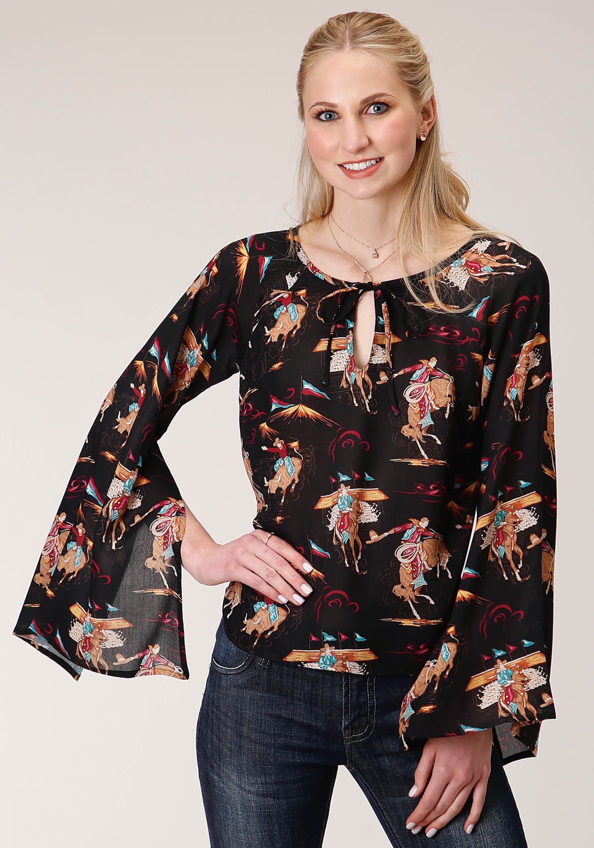 Roper Womens Long Sleeve Retro Rodeo Print Flowy Blouse