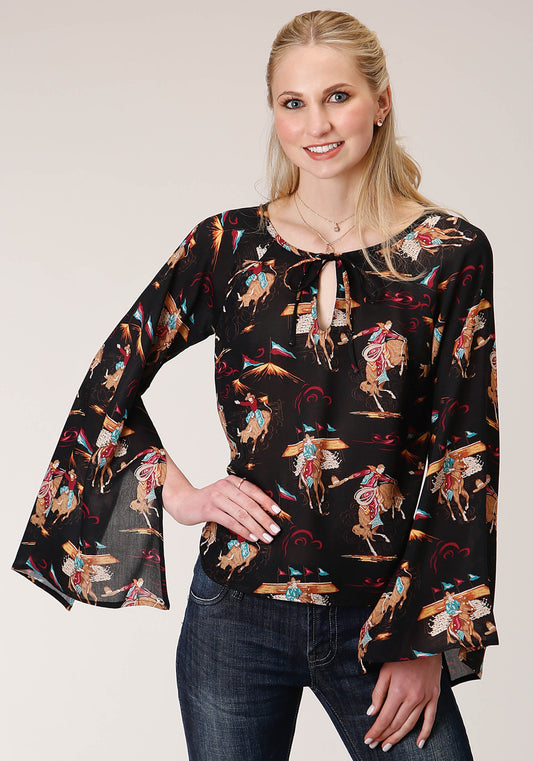 Roper Womens Long Sleeve Retro Rodeo Print Flowy Blouse - Roper