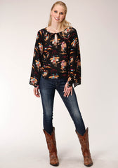 Roper Womens Long Sleeve Retro Rodeo Print Flowy Blouse - Flyclothing LLC