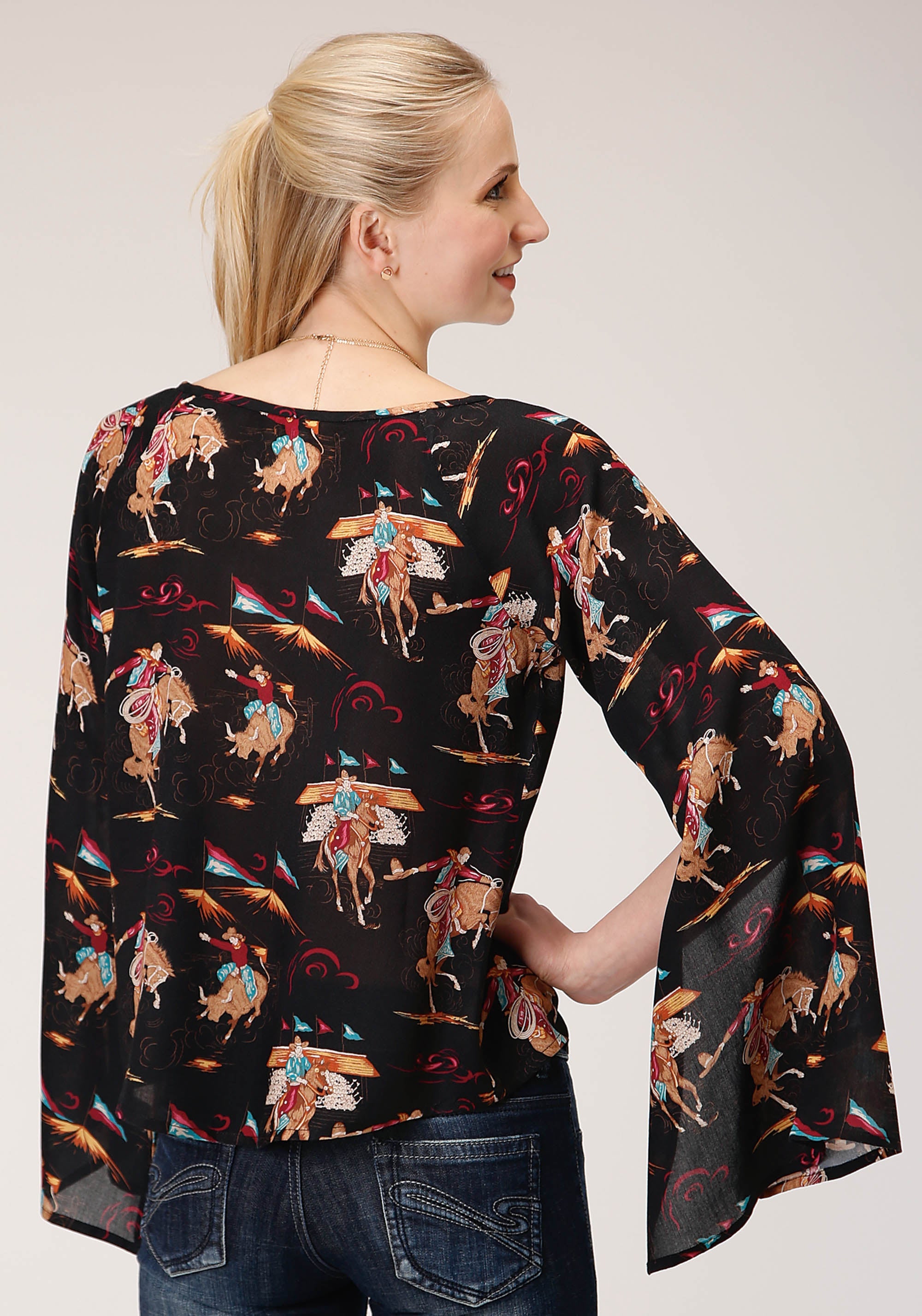 Roper Womens Long Sleeve Retro Rodeo Print Flowy Blouse - Roper