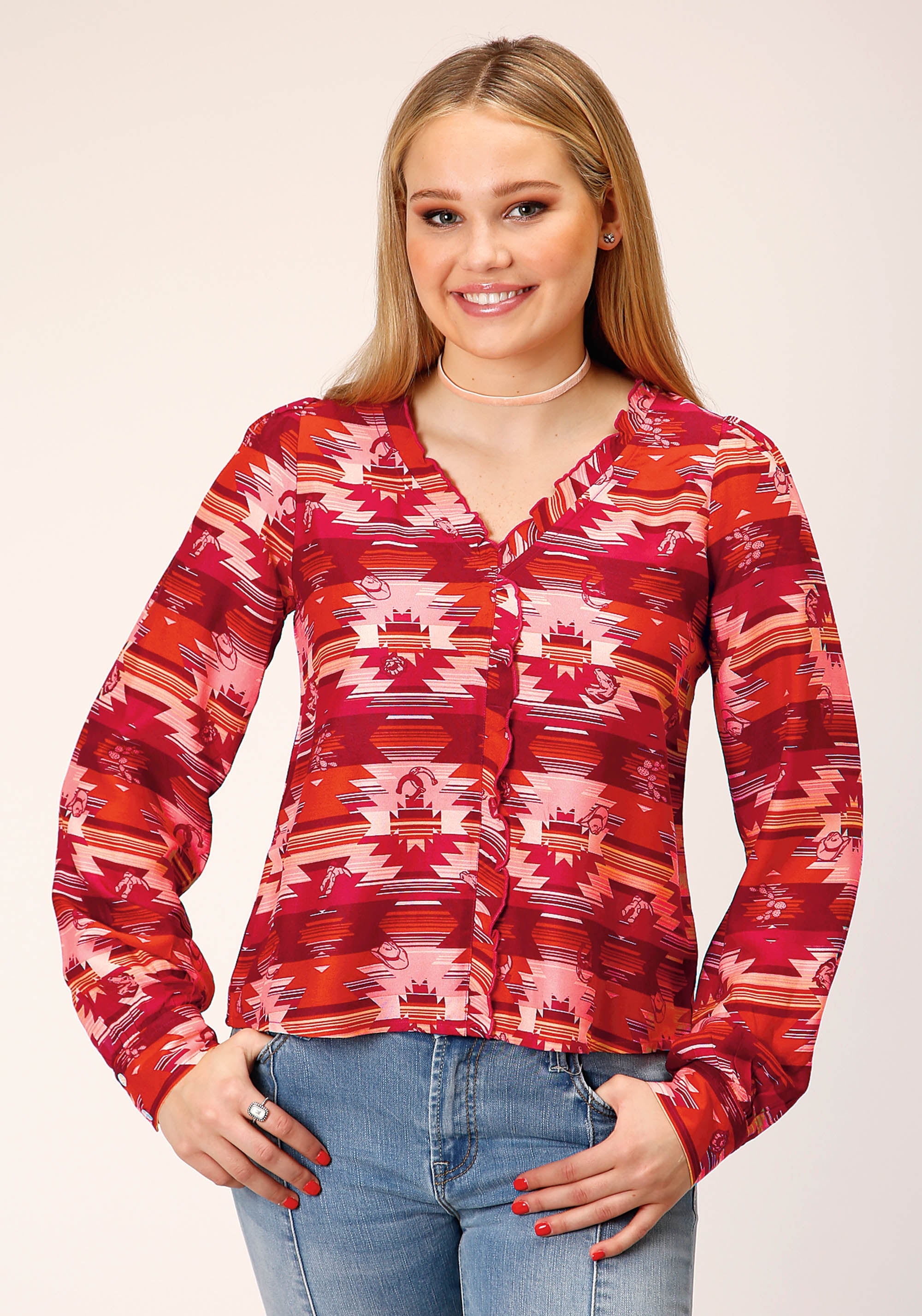 Roper WOMENS LONG SLEEVE RAYON AZTEC PRINT BLOUSE