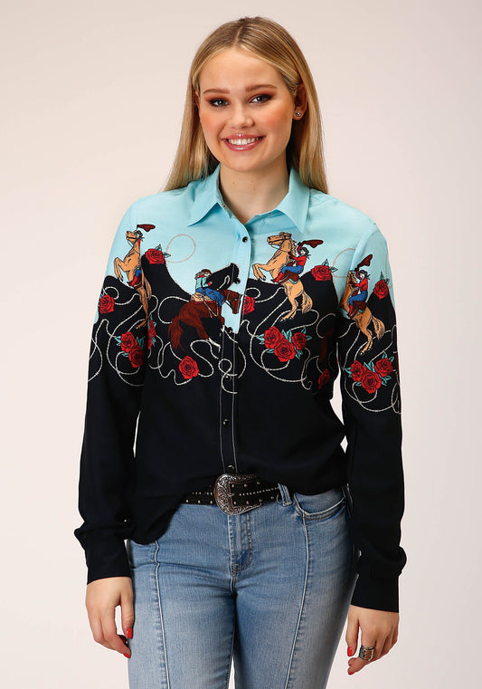 Roper Womens Long Sleeve Snap Cowgirl Border Printed Rayon Western Shirt