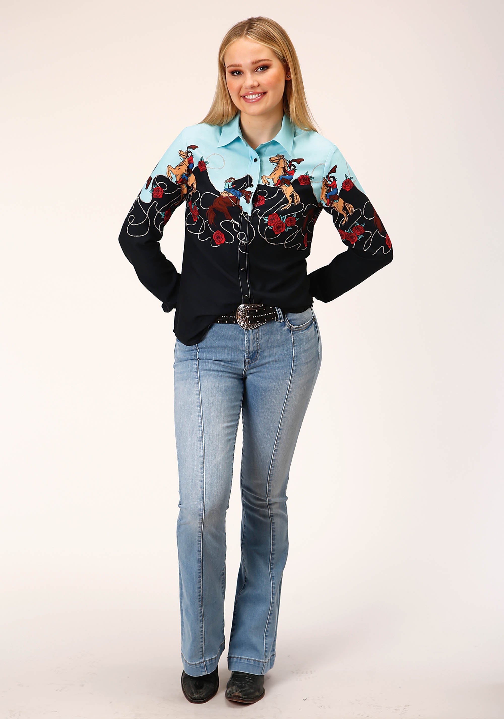 Roper Womens Long Sleeve Snap Cowgirl Border Printed Rayon Western Shirt - Flyclothing LLC