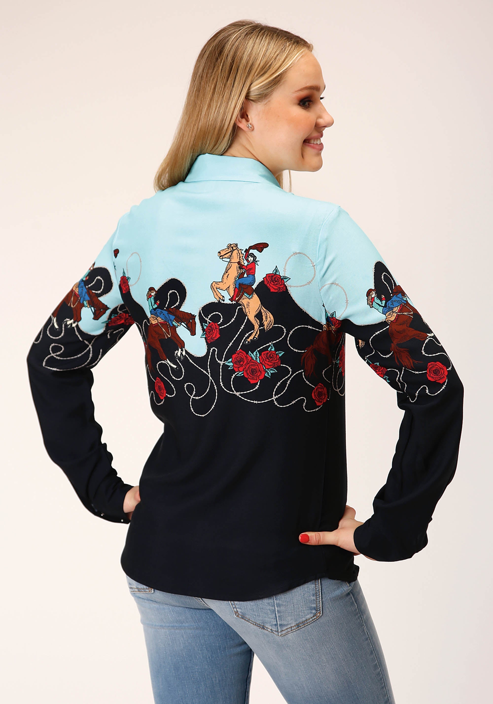 Roper Womens Long Sleeve Snap Cowgirl Border Printed Rayon Western Shirt - Flyclothing LLC