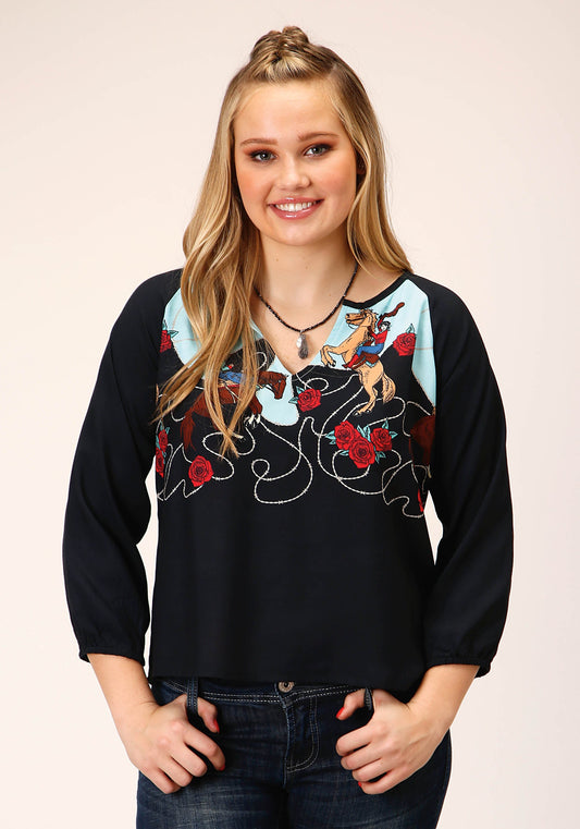 Roper Womens Long Sleeve Cowgirl Border Printed Rayon Blouse - Roper