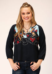 Roper Womens Long Sleeve Cowgirl Border Printed Rayon Blouse