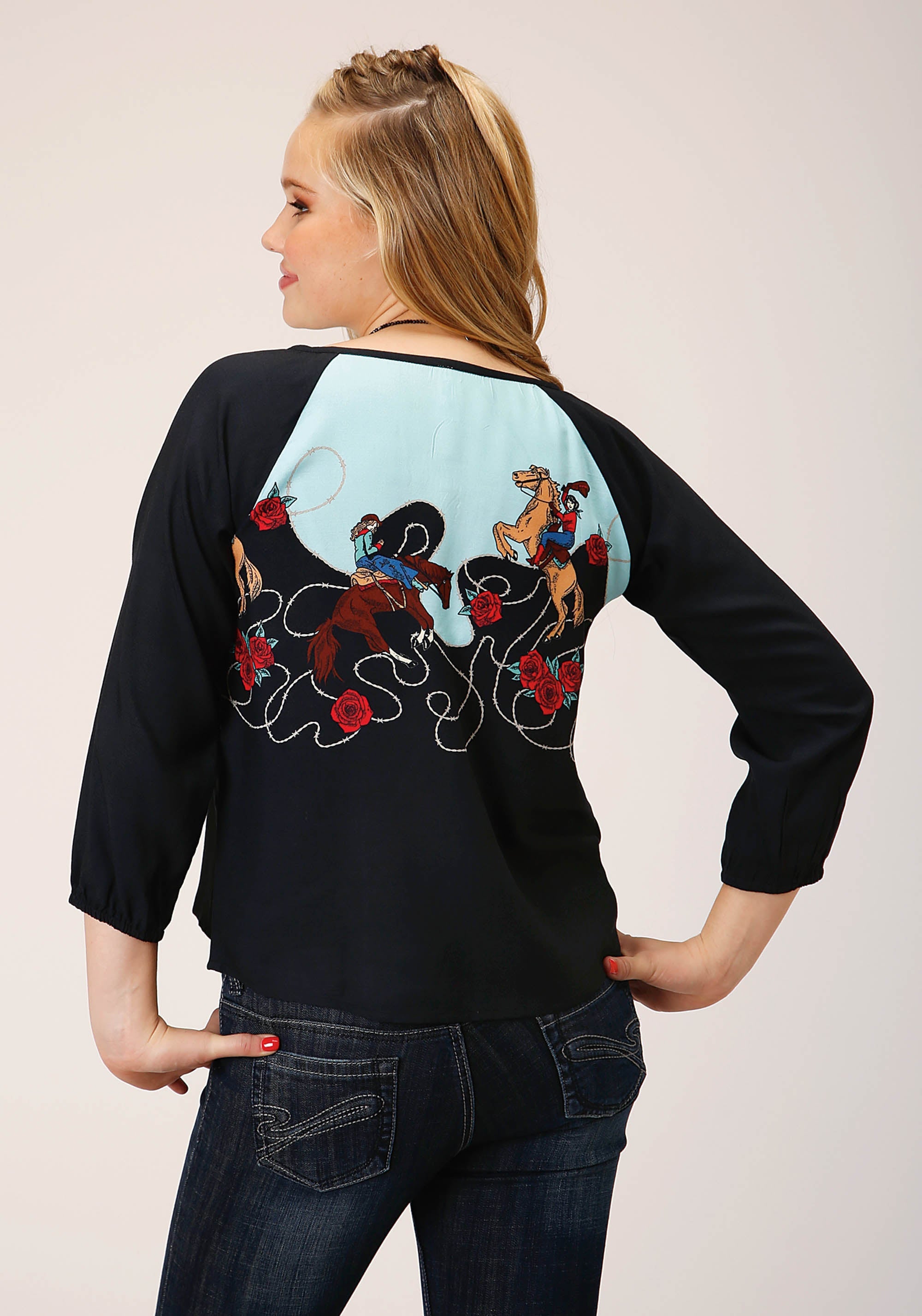 Roper Womens Long Sleeve Cowgirl Border Printed Rayon Blouse - Flyclothing LLC