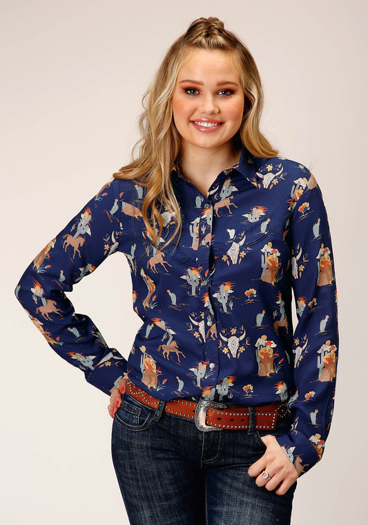 Roper Womens Long Sleeve Snap Cowboy Print Rayon Western Shirt - Roper