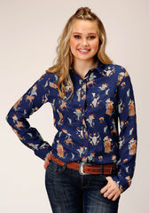 Roper Womens Long Sleeve Snap Cowboy Print Rayon Western Shirt