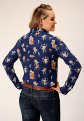 Roper Womens Long Sleeve Snap Cowboy Print Rayon Western Shirt - Flyclothing LLC