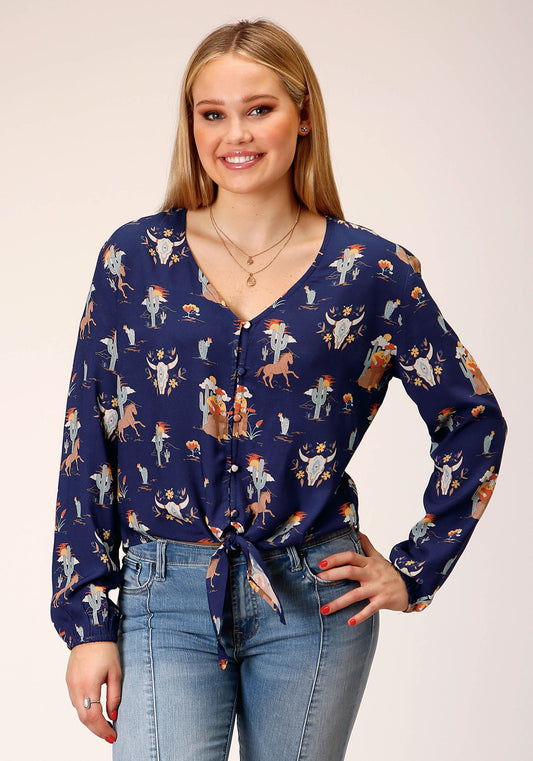 Roper Womens Long Sleeve Cowboy Print Rayon Blouse