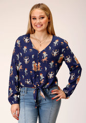 Roper Womens Long Sleeve Cowboy Print Rayon Blouse - Roper