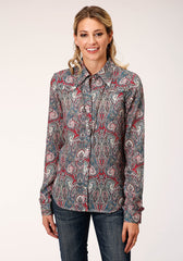 Roper Womens Long Sleeve Snap Sage Paisley Print Rayon Shirt Western Shirt