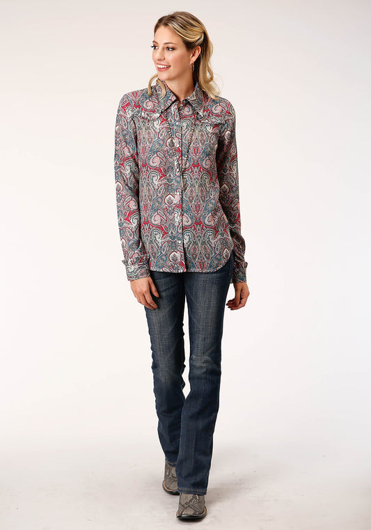 Roper Womens Long Sleeve Snap Sage Paisley Print Rayon Shirt Western Shirt - Flyclothing LLC