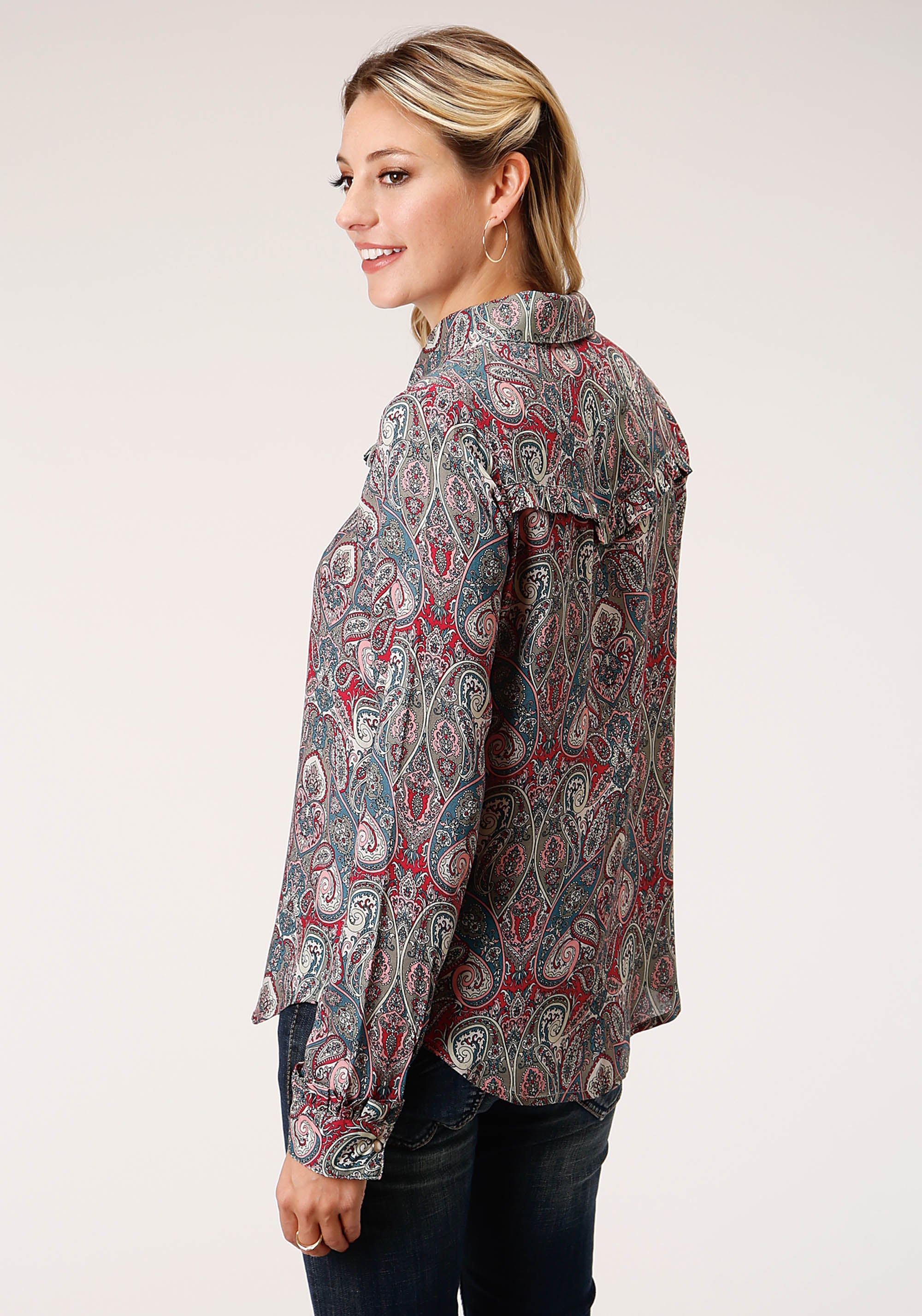 Roper Womens Long Sleeve Snap Sage Paisley Print Rayon Shirt Western Shirt - Flyclothing LLC