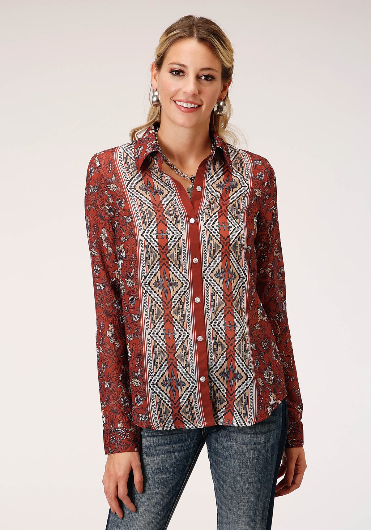 Roper Womens Long Sleeve Rust Floral Border Print Blouse