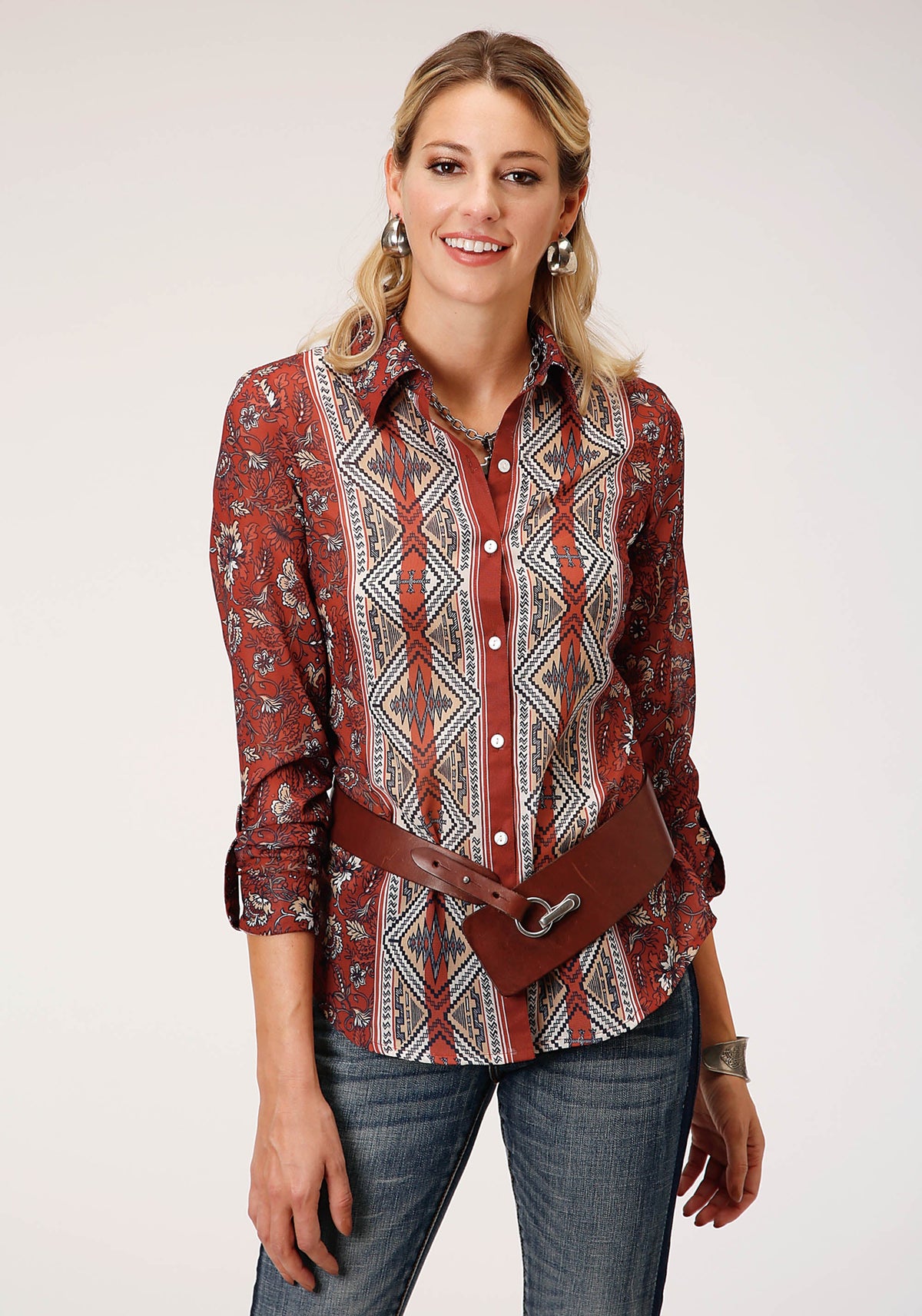 Roper Womens Long Sleeve Rust Floral Border Print Blouse - Flyclothing LLC