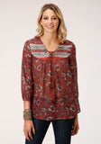 Roper Womens Long Sleeve Rust Floral Border Print Blouse