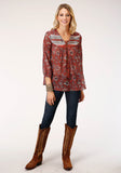 Roper Womens Long Sleeve Rust Floral Border Print Blouse - Flyclothing LLC