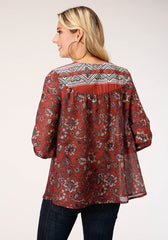 Roper Womens Long Sleeve Rust Floral Border Print Blouse - Flyclothing LLC