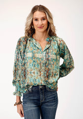 Roper Womens Long Sleeve Poly Teal Snake Print Blouse