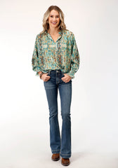 Roper Womens Long Sleeve Poly Teal Snake Print Blouse - Flyclothing LLC