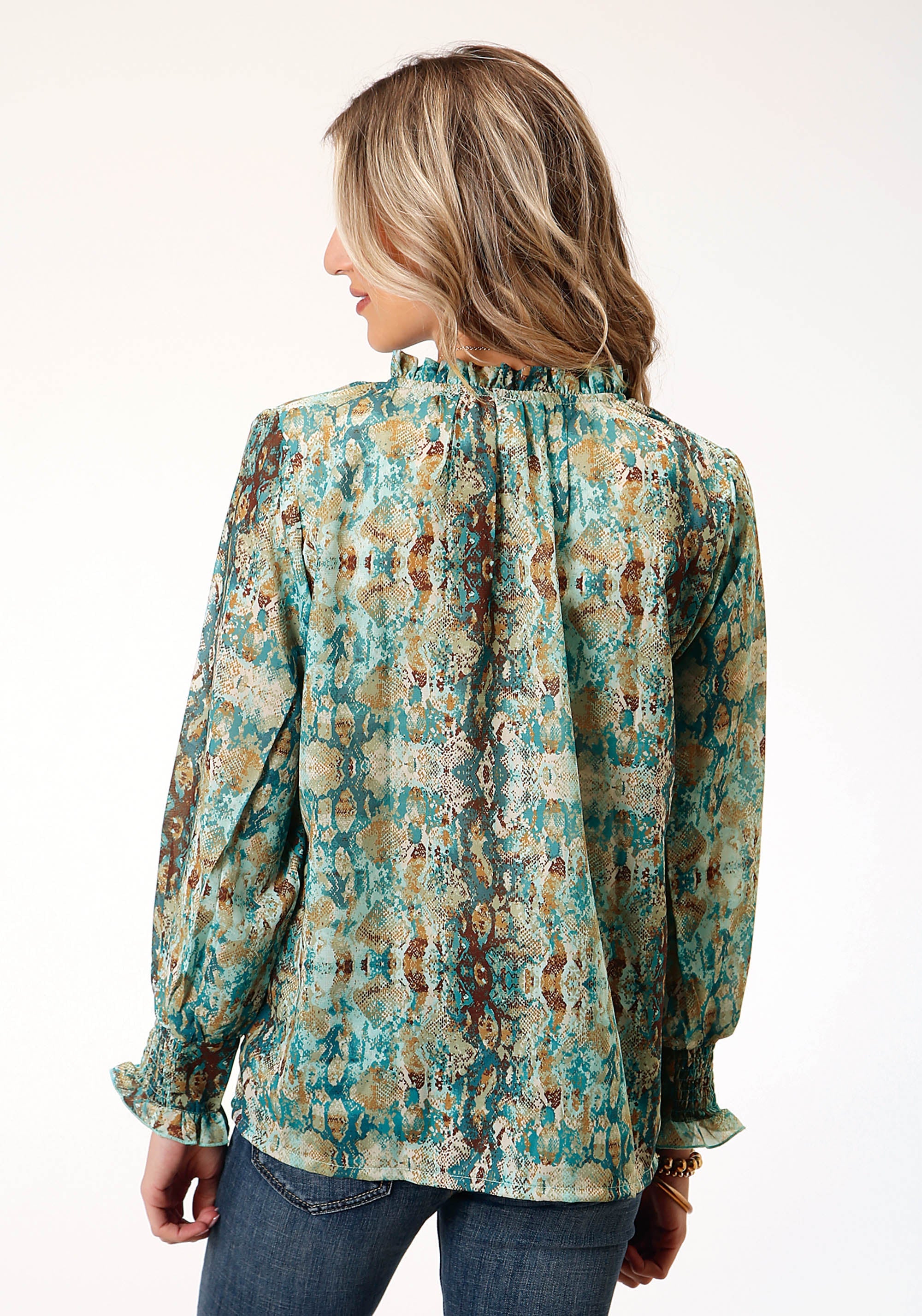 Roper Womens Long Sleeve Poly Teal Snake Print Blouse - Flyclothing LLC