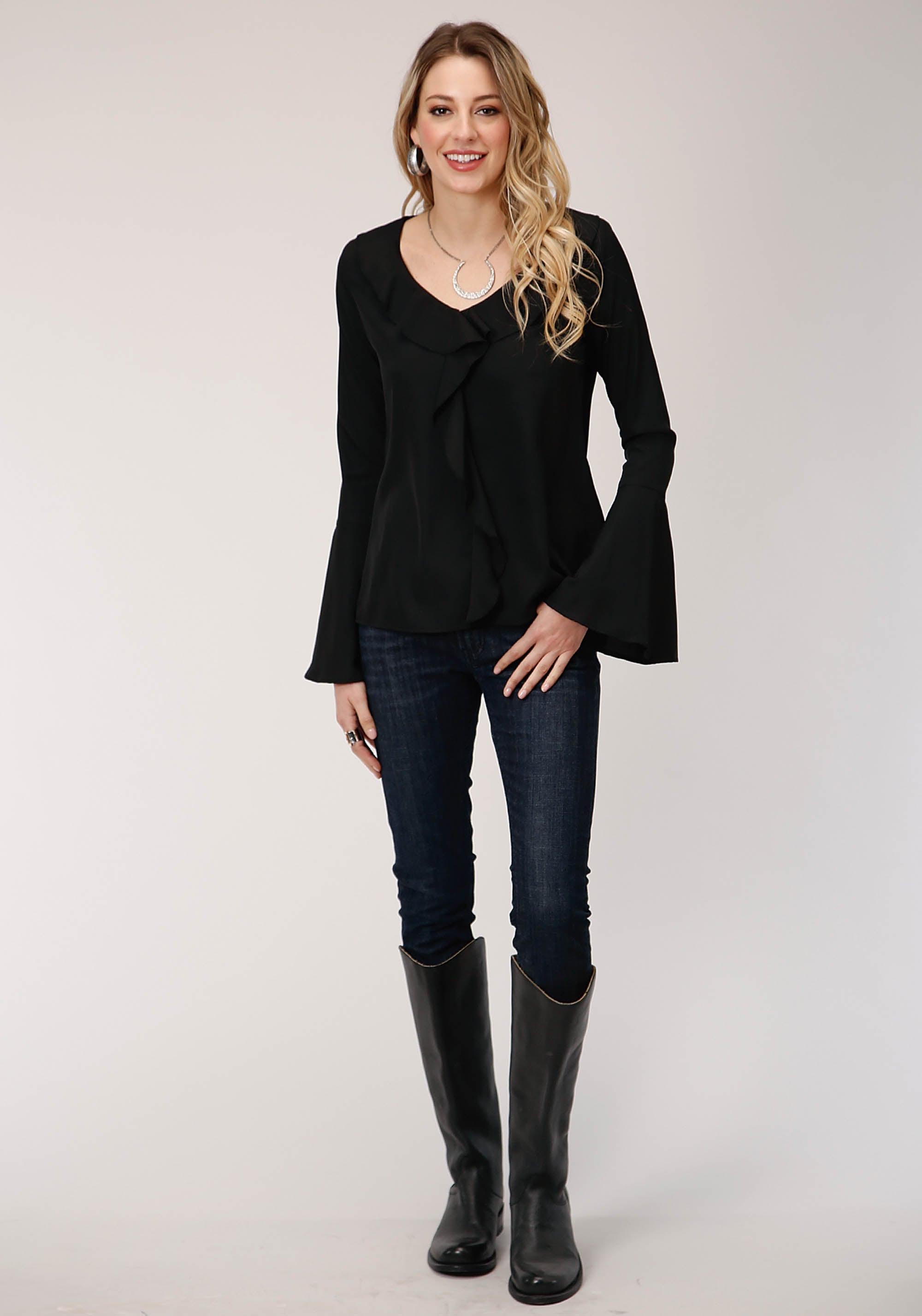 Roper Womens Long Sleeve Solid Poly Crepe Peasant Blouse - Flyclothing LLC