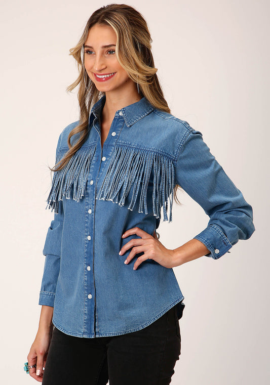 Roper Womens Long Sleeve Medium Blue Denim Long Sleeve Wstn Shirt Blouse - Roper