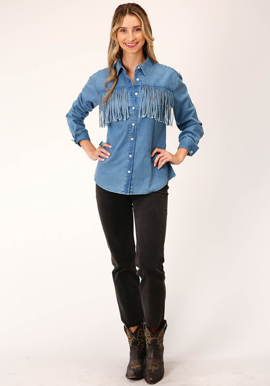 Roper Womens Long Sleeve Medium Blue Denim Long Sleeve Wstn Shirt Blouse - Flyclothing LLC