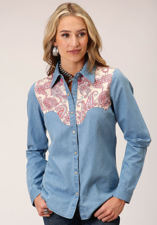 Roper Womens Long Sleeve Snap Denim Retro Shirt Western Shirt