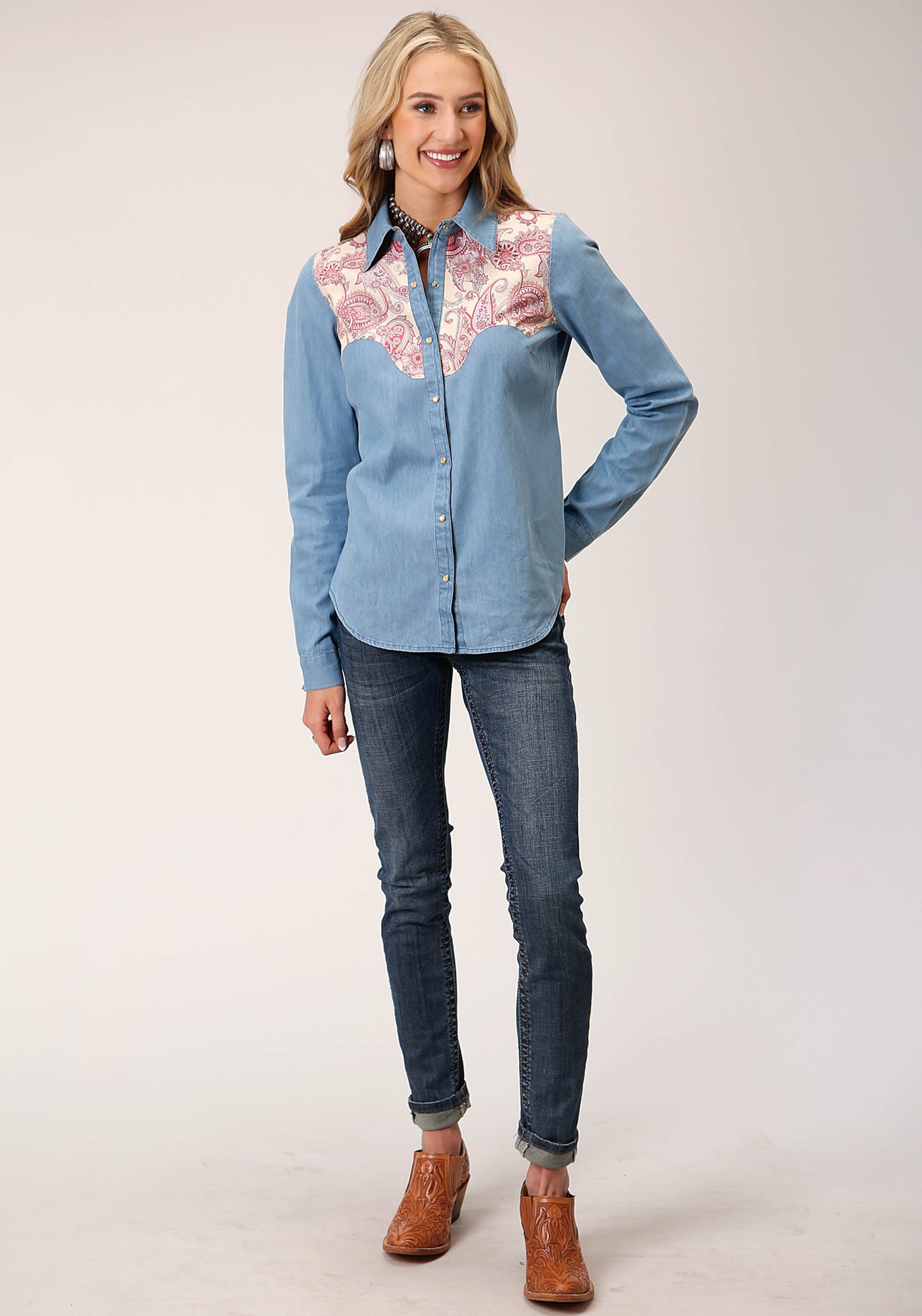 Roper Womens Long Sleeve Snap Denim Retro Shirt Western Shirt - Flyclothing LLC