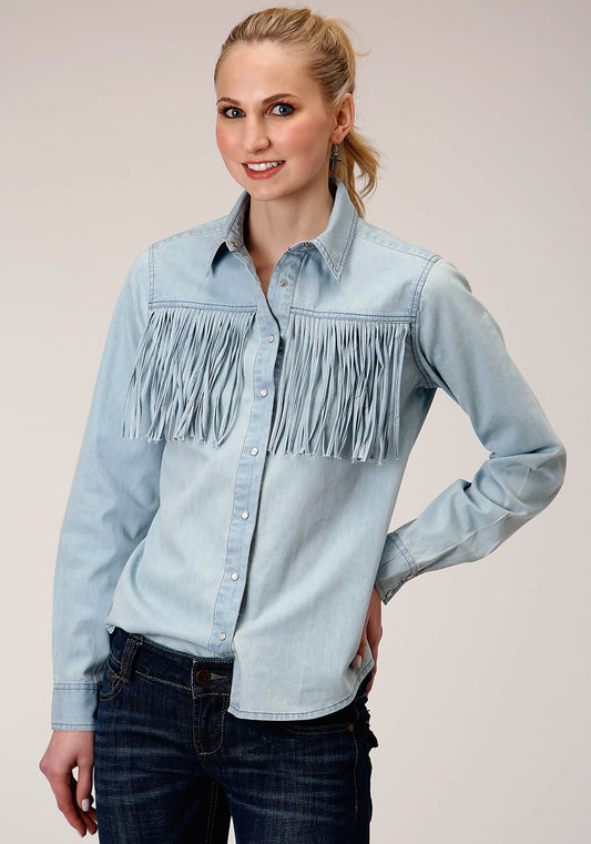 Roper Womens Long Sleeve Snap Light Blue Denim Long Sleeve Western Western Shirt