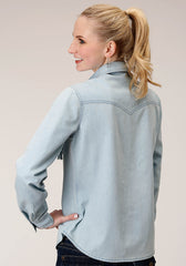 Roper Womens Long Sleeve Snap Light Blue Denim Long Sleeve Western Western Shirt - Flyclothing LLC