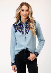 Roper Womens Long Sleeve Snap Light Blue Denim Retro Shirt Western Shirt