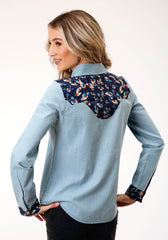 Roper Womens Long Sleeve Snap Light Blue Denim Retro Shirt Western Shirt - Flyclothing LLC