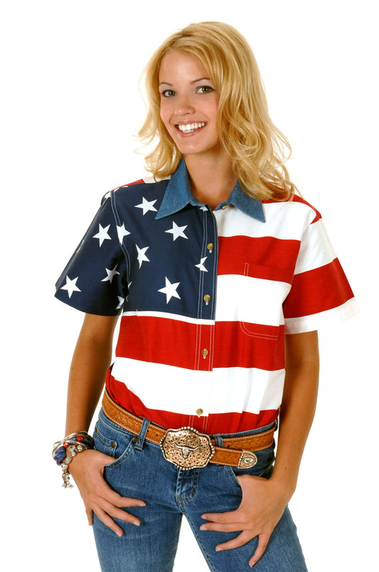 Roper Womens Red White And Blue Stars And Stripes Pieced American Flag Short Sleeve Western Snap Shirt