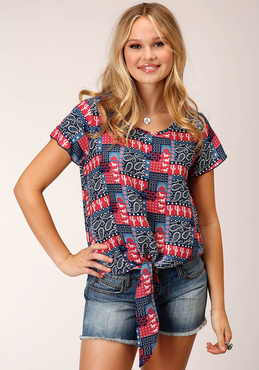 Roper Womens Short Sleeve Bandana Print Rayon Blouse - Roper