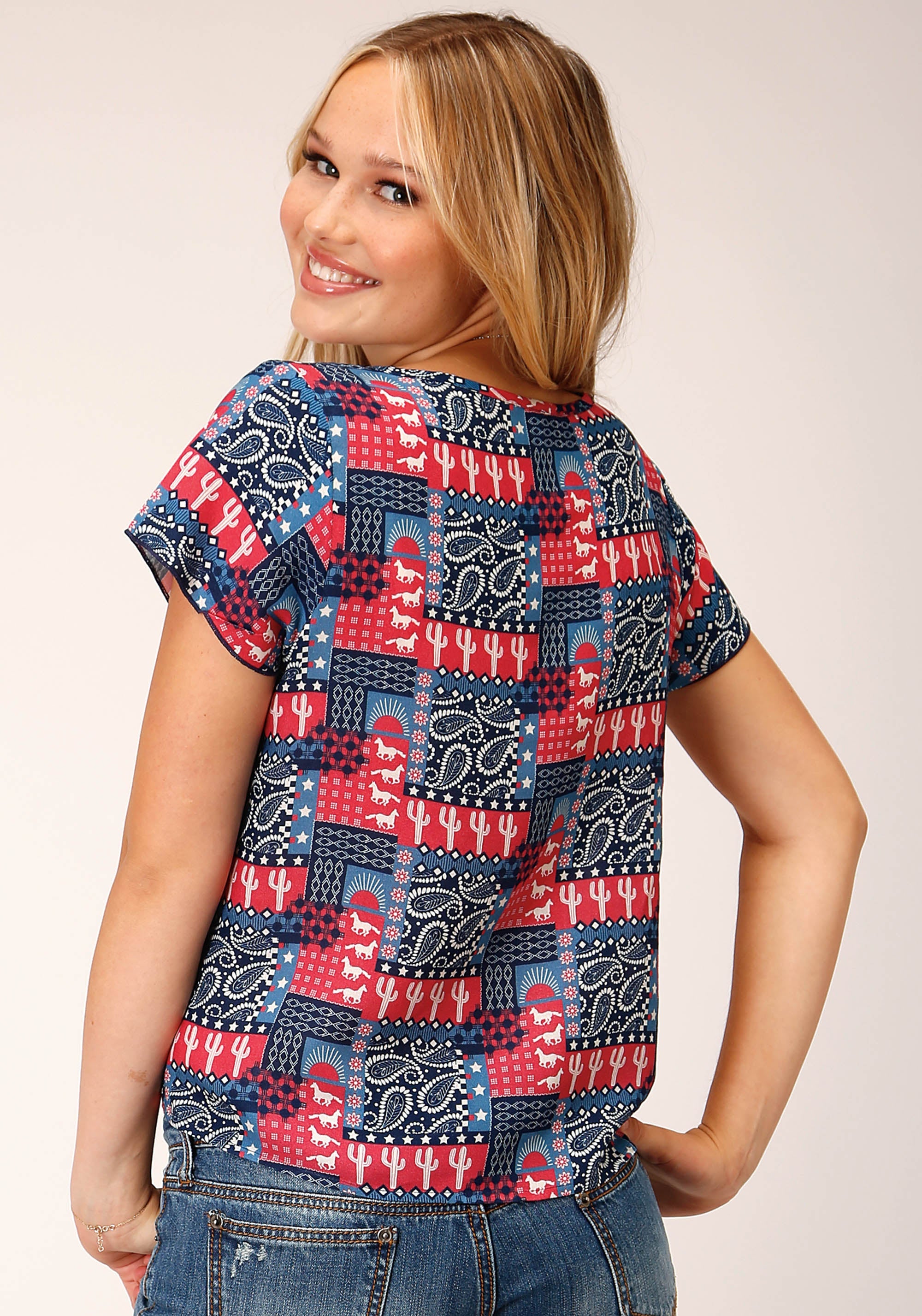 Roper Womens Short Sleeve Bandana Print Rayon Blouse - Roper