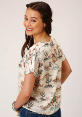 Roper Womens Short Sleeve Retro Rodeo Print Rayon Short Sleeve  Blouse - Flyclothing LLC