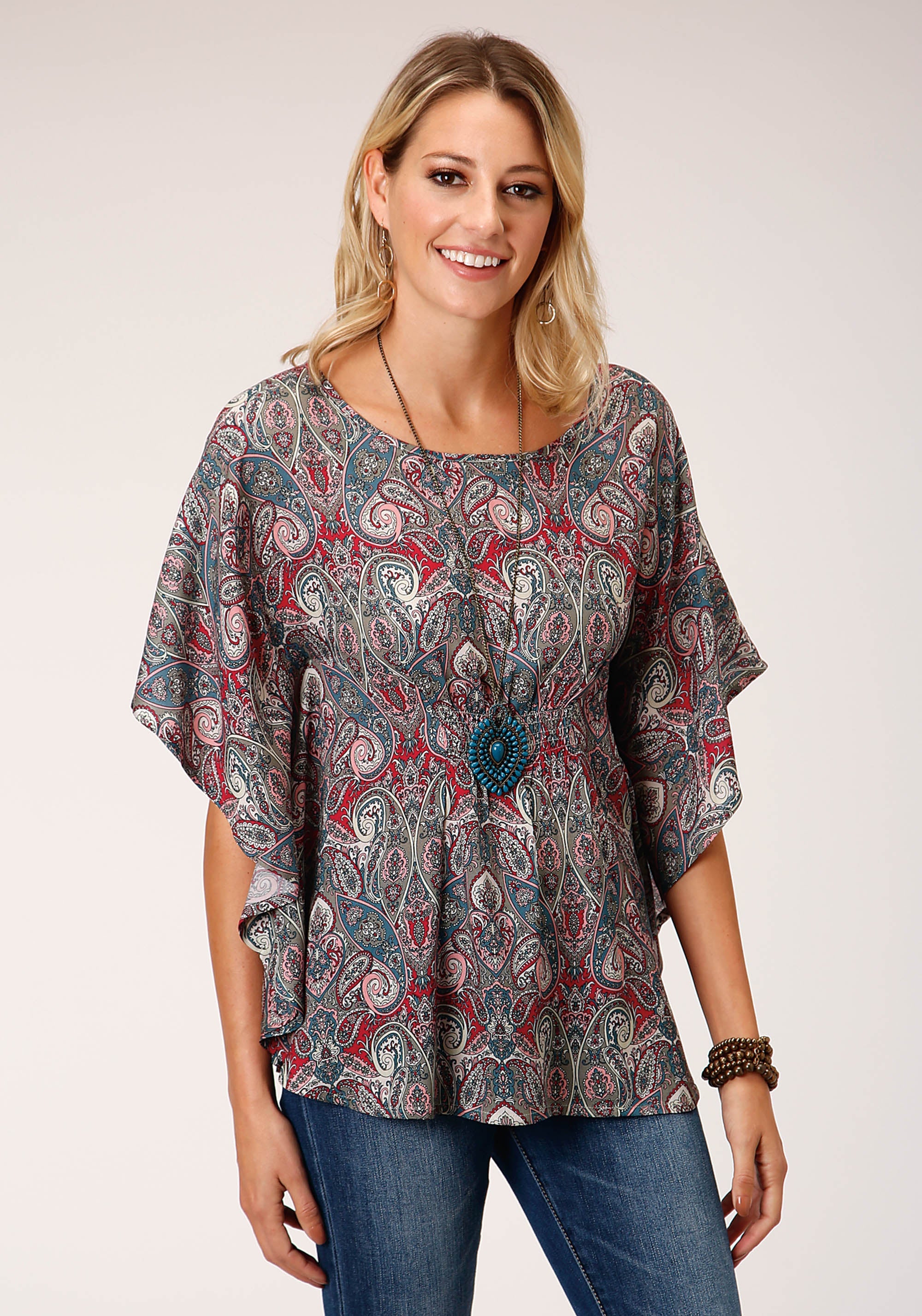 Roper Womens Short Sleeve Sage Paisley Print Rayon Blouse