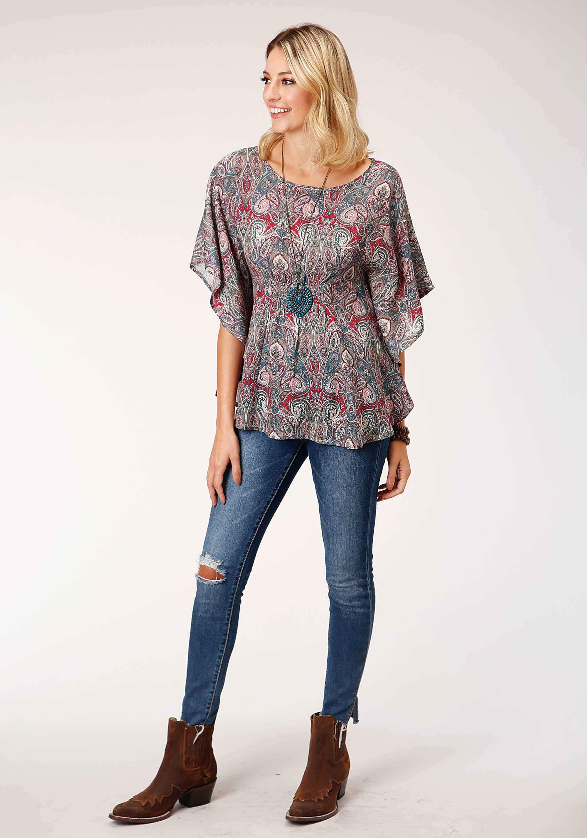 Roper Womens Short Sleeve Sage Paisley Print Rayon Blouse - Flyclothing LLC