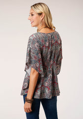 Roper Womens Short Sleeve Sage Paisley Print Rayon Blouse - Flyclothing LLC