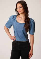 Roper Womens Short Sleeve Medium Blue Short Sleeve Denim Blouse - Roper