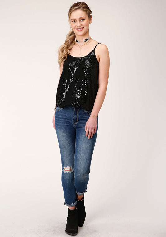 Roper Womens Sleeveless Solid Black Sequin Cami Blouse - Roper