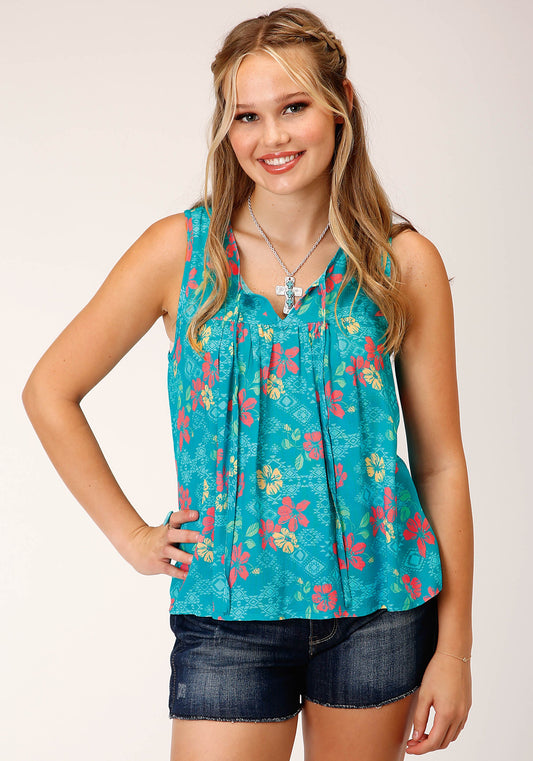 Roper Womens Sleeveless Tropical Aztec Print Rayon Blouse